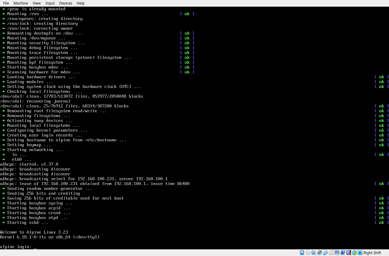 Tela de login do Alpine Linux
